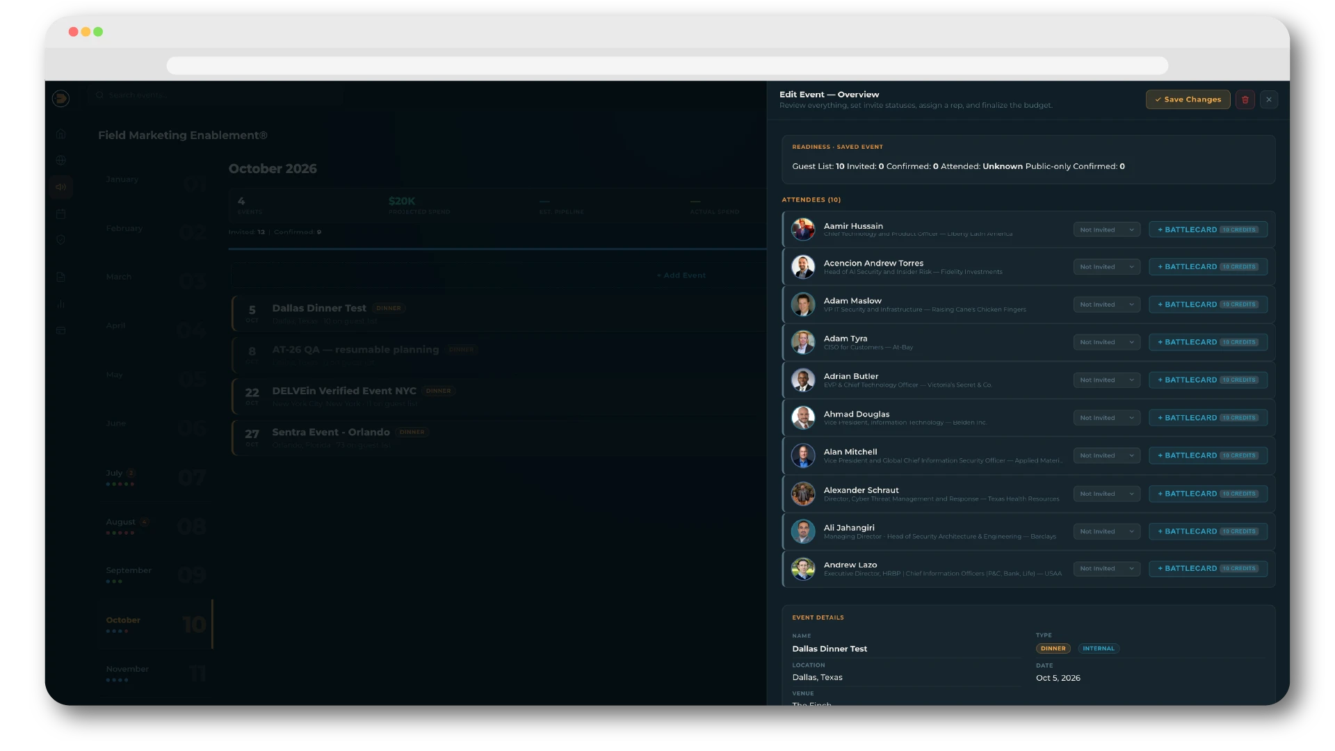 An example guest list inside of the Field Marketing Enablement® module. 
