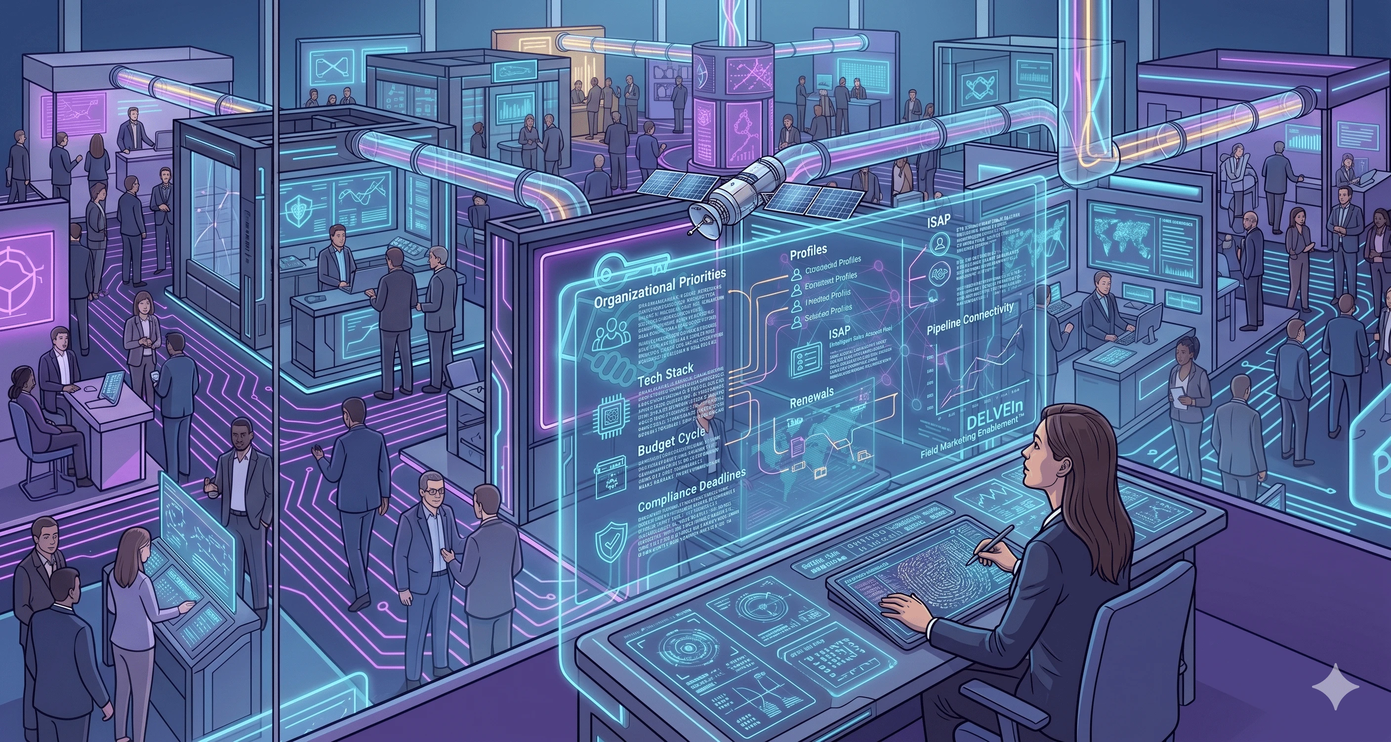 An illustration of a woman utilizing Field Marketing Enablement® to monitor pipeline for sales.