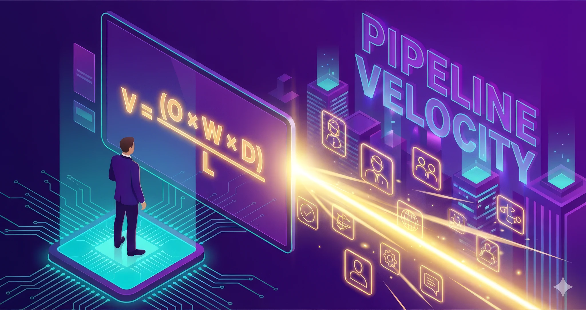 An illustration of a man looking at the winning formula for pipeline velocity.