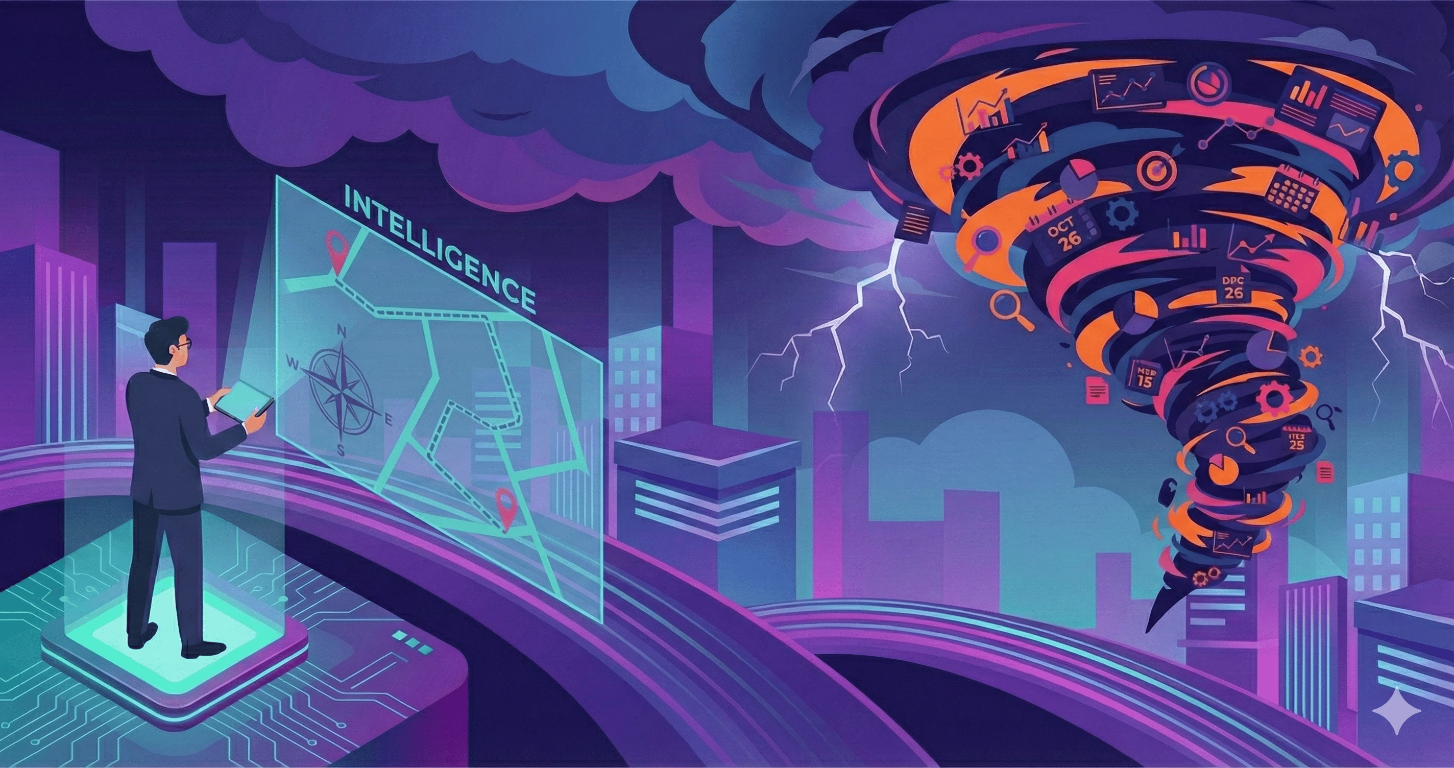 A cartoon illustration of a guy trying to navigate a storm of events.