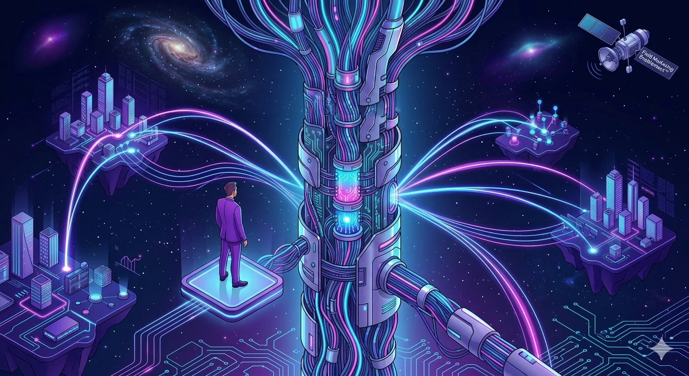 An illustration of a man looking at connections leading in to one place.