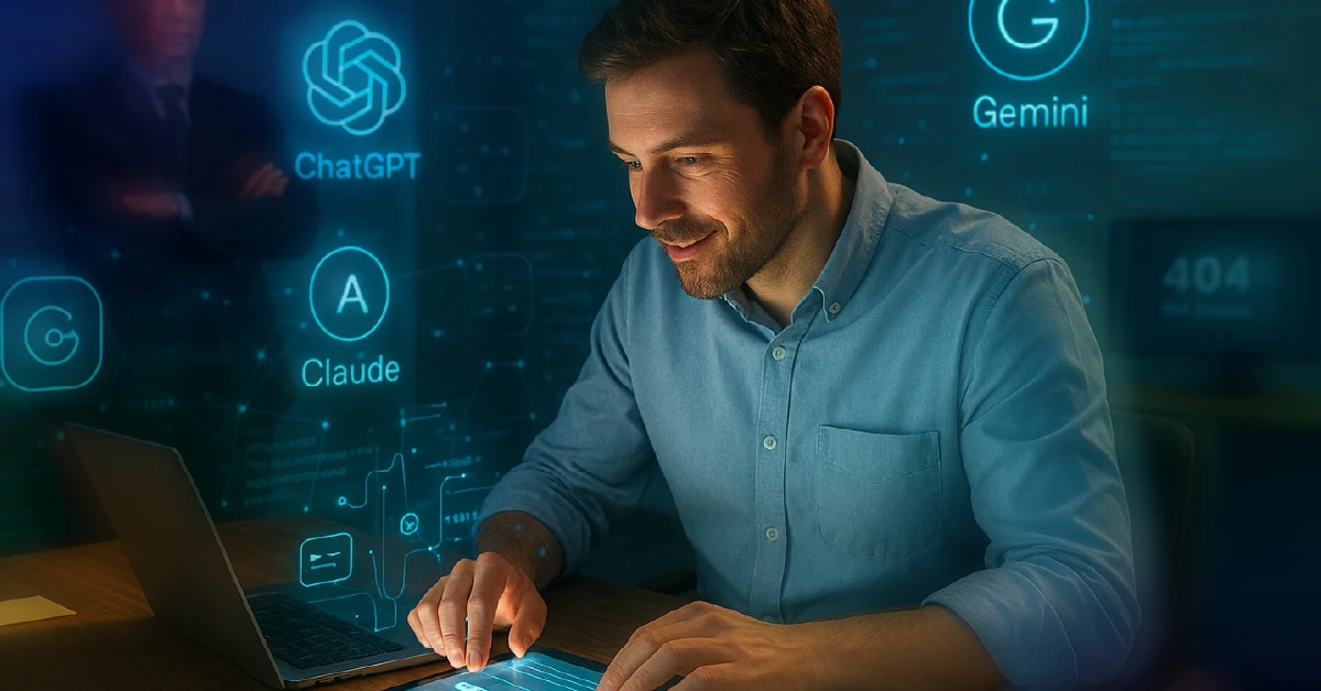 A man working intently on his computer, through AI, as glowing AI company logos float around him.