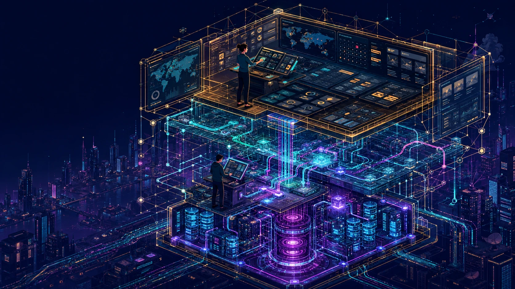 An illustration of a guy building a complex structure of nodes and networks.