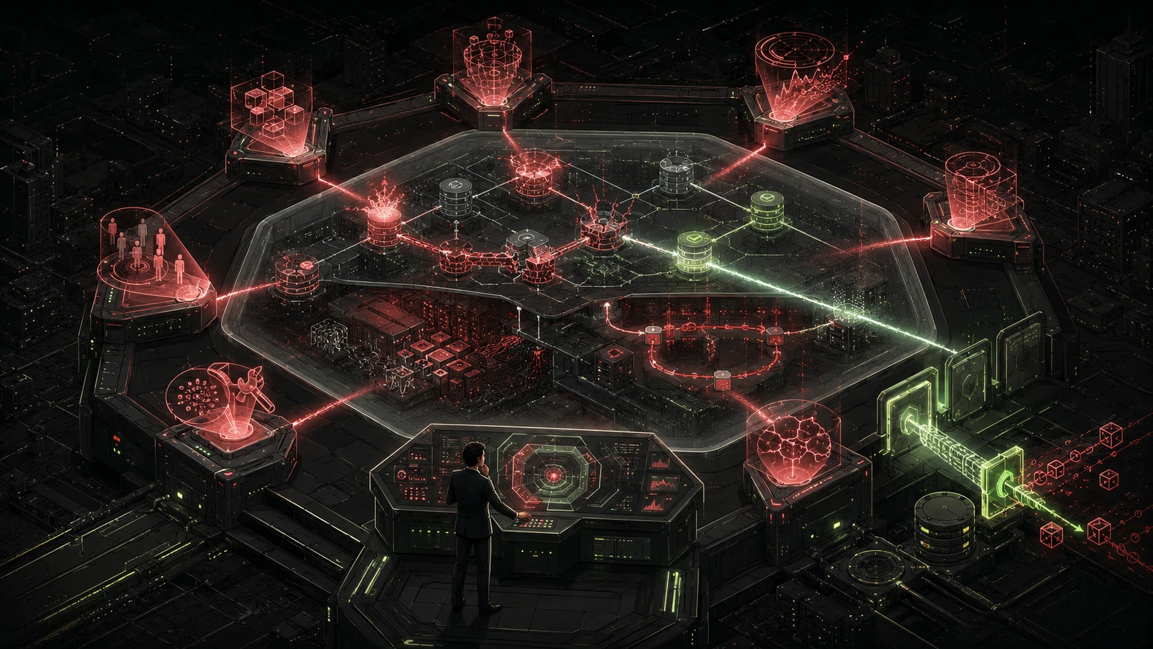An illustration of eight AI agents picking apart a plan.