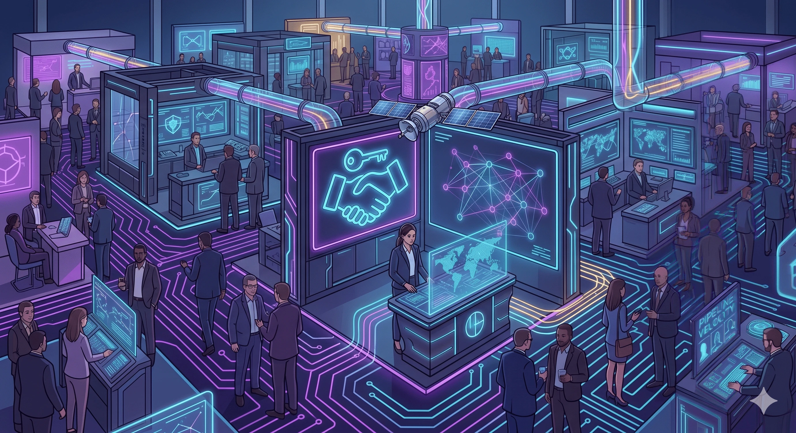 An illustration of a conference floor with exhibits and displays.