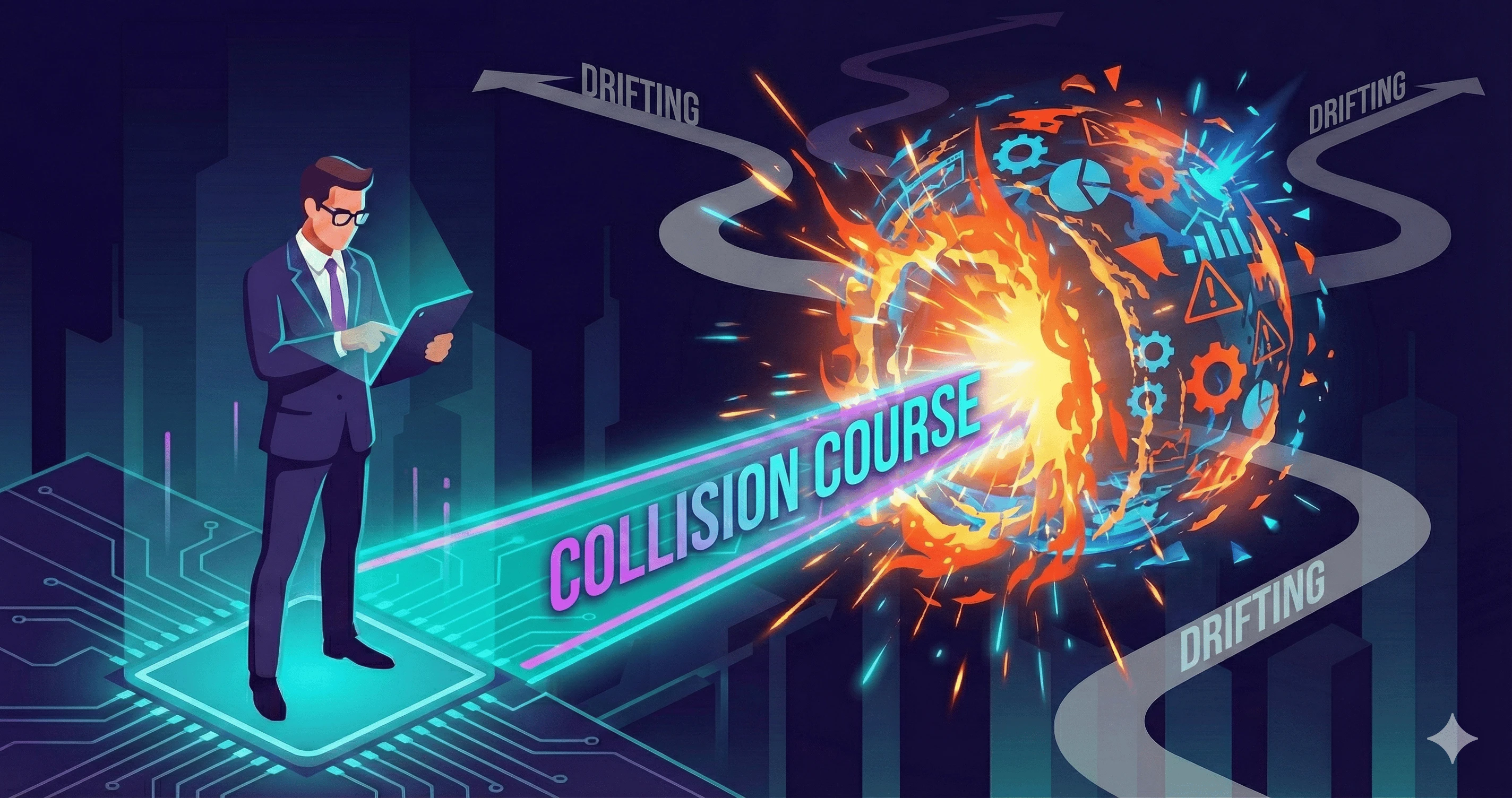 An illustration of a man working on a computer, setting a collision course for intentional meetings.