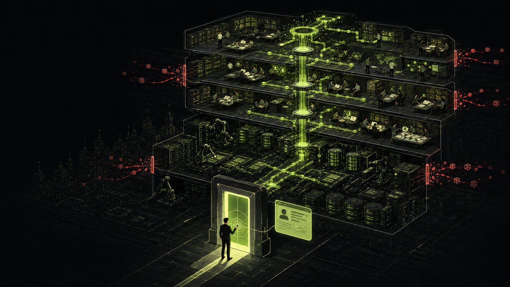 An illustration of a digital front door with a vast network behind it.