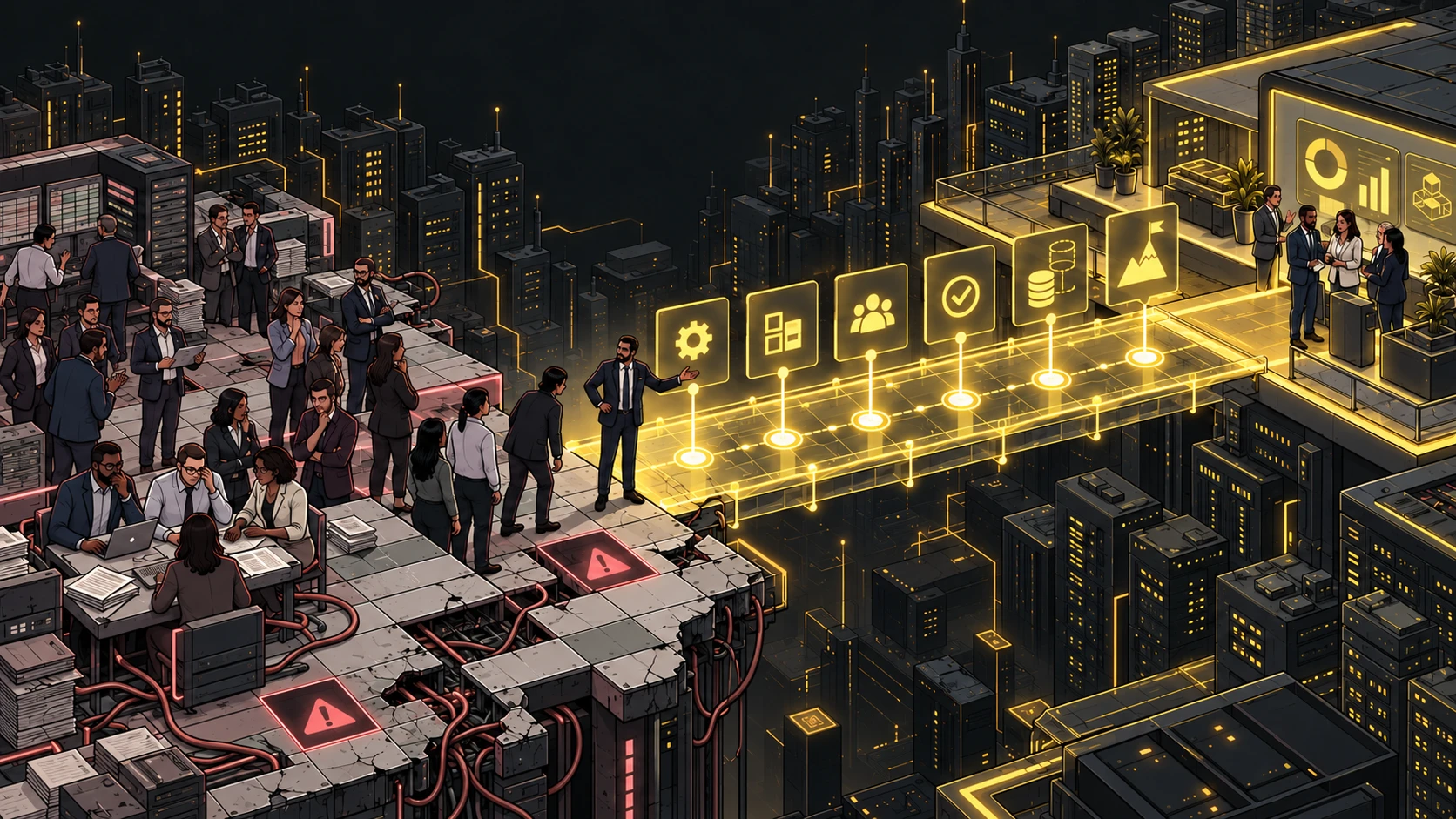 An illustration of people slowly ditching spreadsheets to discover an easier way, depicted by a gold path.