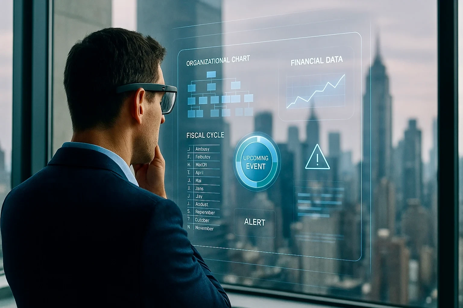A man viewing a digital dashboard being projected on a window, with a view of the city in the background.