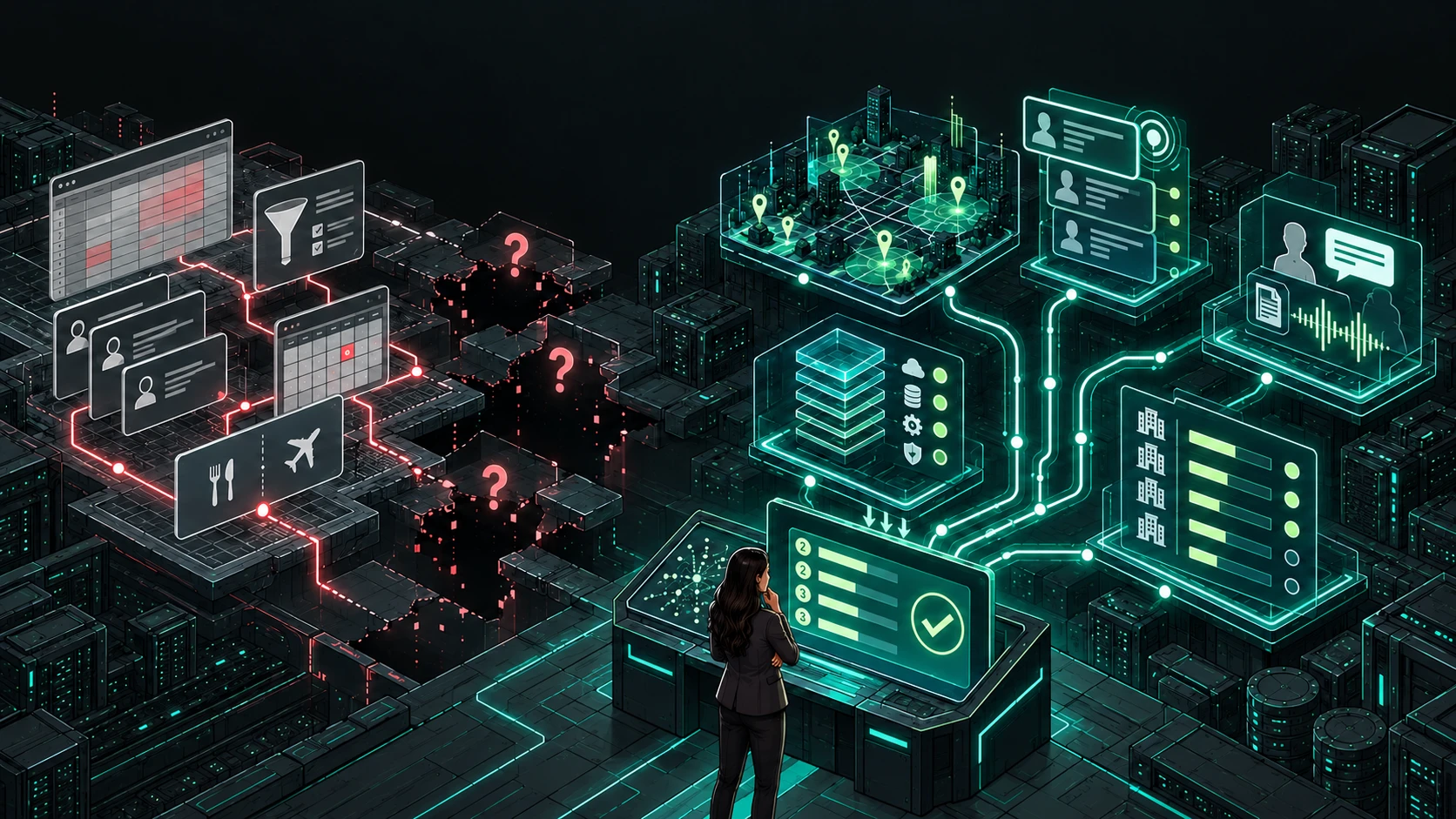 An illustration of a woman being fed information from the correct data sources, not guessed.